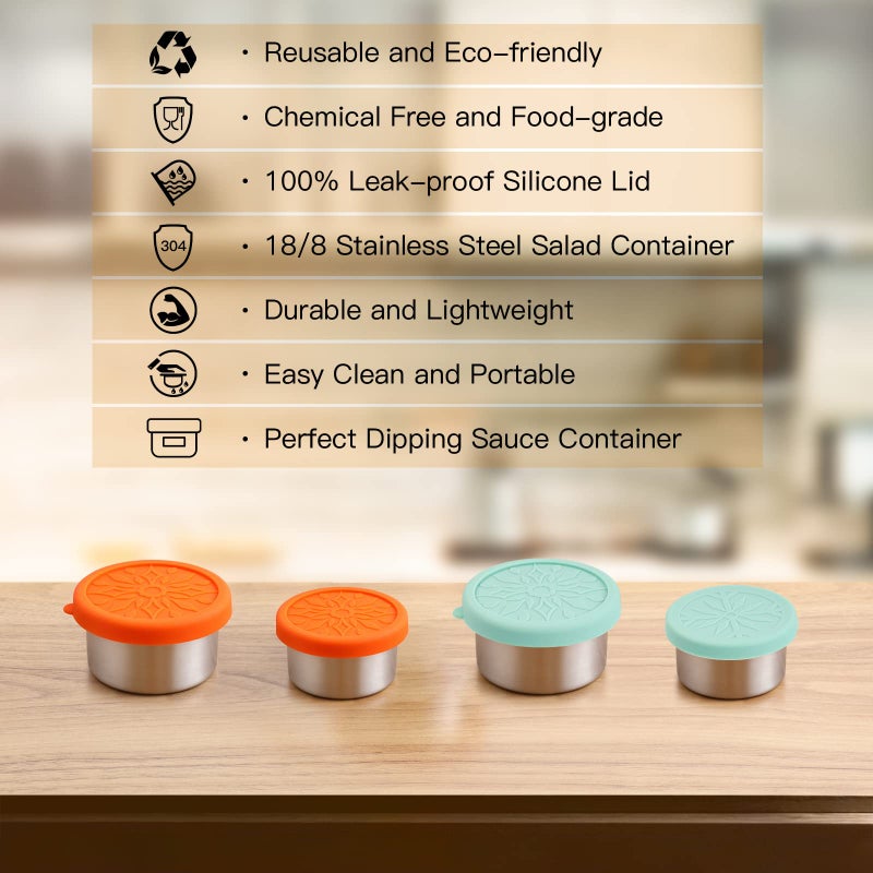 SUKKI Stainless Steel Condiment Containers - 4 PCS Salad Dressing Containers with Food Grade and Leakproof Silicone Lids - 2x3.4oz +2x1.8oz for Snacks  Desserts  Souffle  Baby Food - Image 2